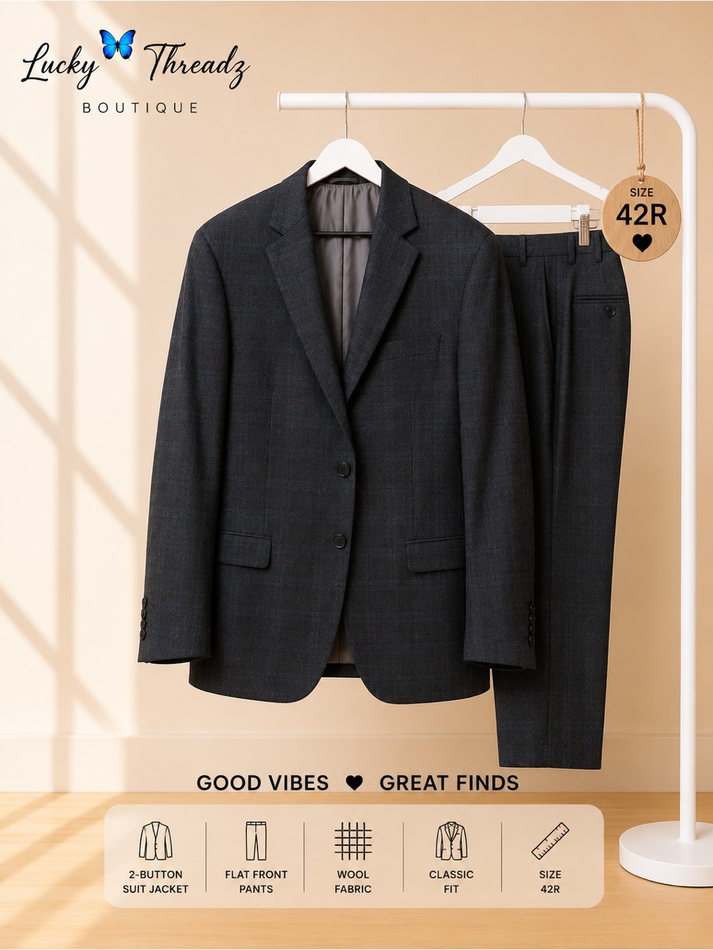 Michael Kors Charcoal Gray Plaid 100% Wool Suit 42R 36x30 2-Button⁠